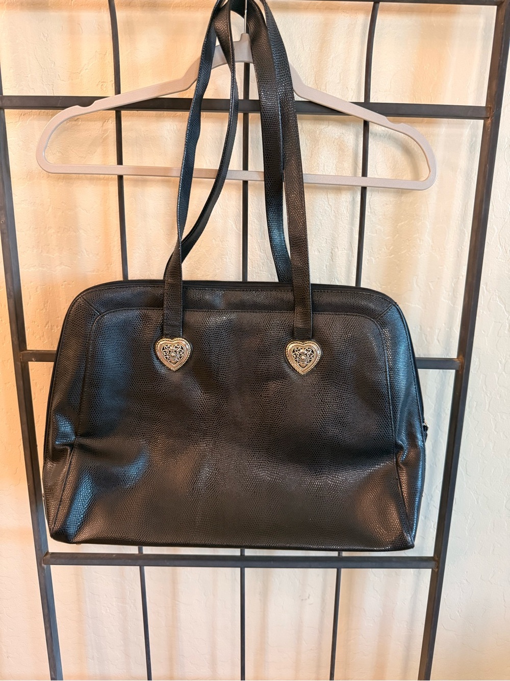 Coldwater Creek Black Embossed Tote Handbag Heart Hardware Shoulder Work Bag